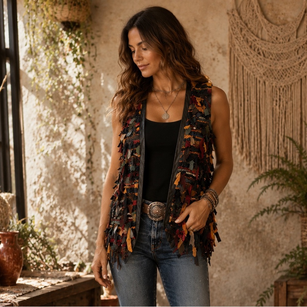 Exceptional Vintage Leather Patchwork Fringe Vest Boho Festival Hippie - Small